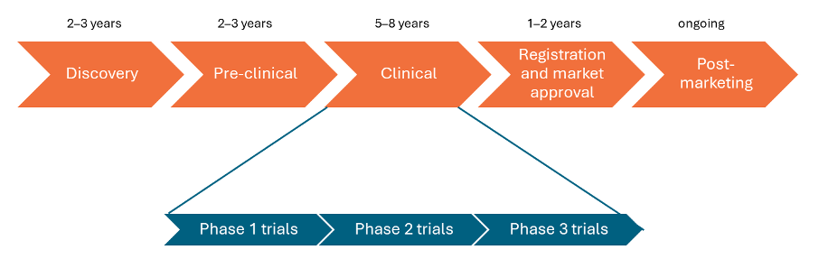 Flowchart showing the 5 stages of the drug discovery pathway, as described in the main text. The clinical phase comprises phases 1, 2 and 3 clinical trials, also described in the main text.