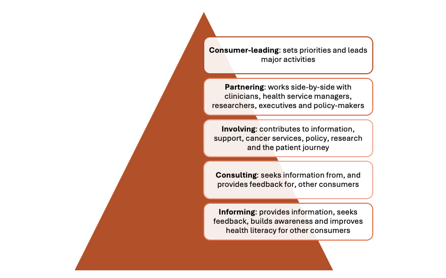 A diagram showing the 5 levels of consumer involvement and their roles: -	consumer-leading: sets priorities and leads major activities -	partnering: works side by side with clinicians, health service managers, researchers, executives and policy-makers -	involving: contributes to information, support, cancer services, policy, research and the patient journey -	consulting: seeks information from, and provides feedback for, other consumers -	informing: provides information, seeks feedback, builds awareness and improves health literacy for other consumers